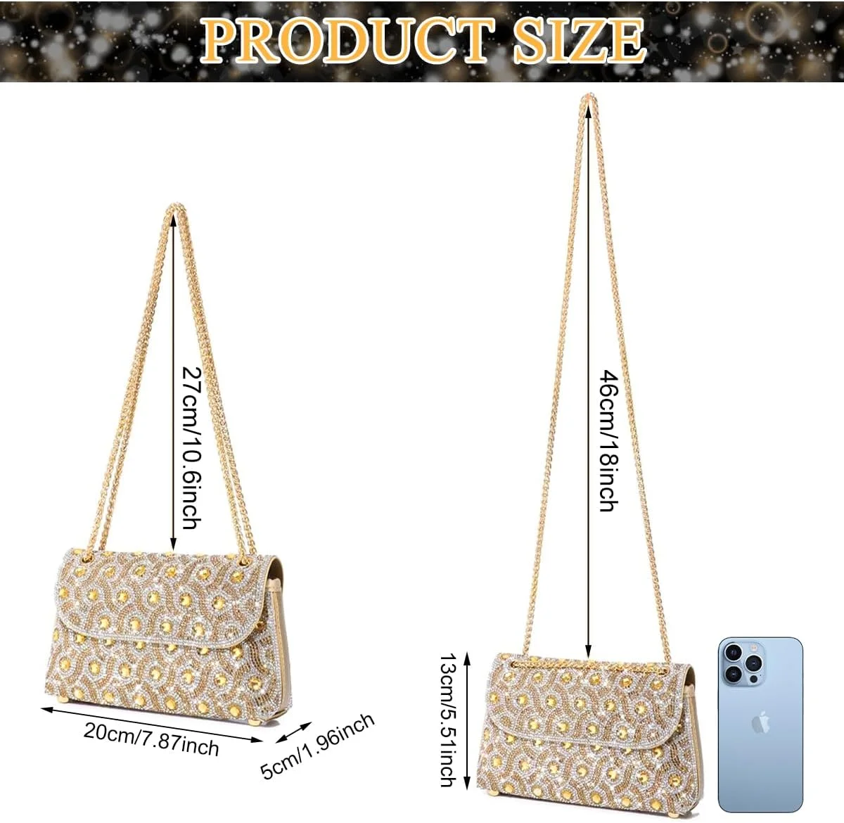 کیف دوشی، کیف دستی، کیف مجلسی زنانه با تزیینات کریستال و سنگ‌دوز، کیف کلاچ زنجیردار