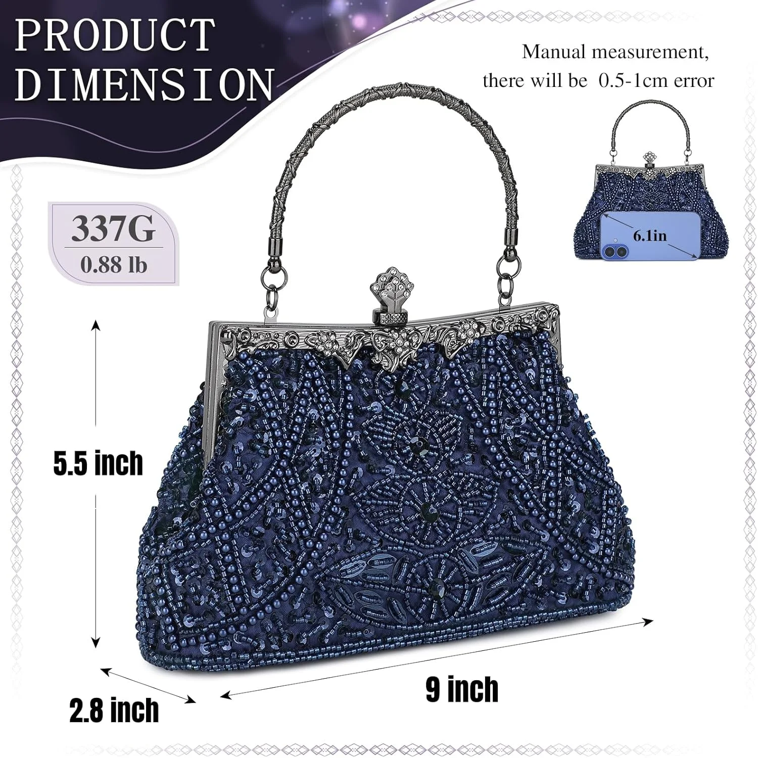 کیف دستی مجلسی زنانه مدل Selighting با طراحی قدیمی و منجوق دوزی شده مناسب عروسی، مهمانی و کوکتل