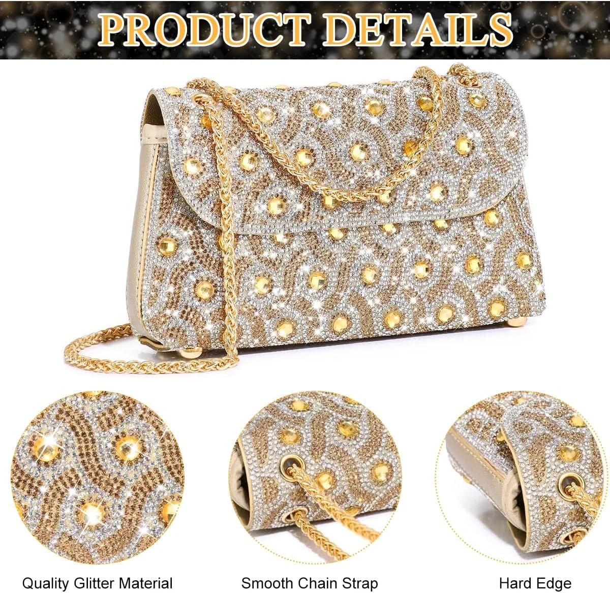 کیف دوشی، کیف دستی، کیف مجلسی زنانه با تزیینات کریستال و سنگ‌دوز، کیف کلاچ زنجیردار