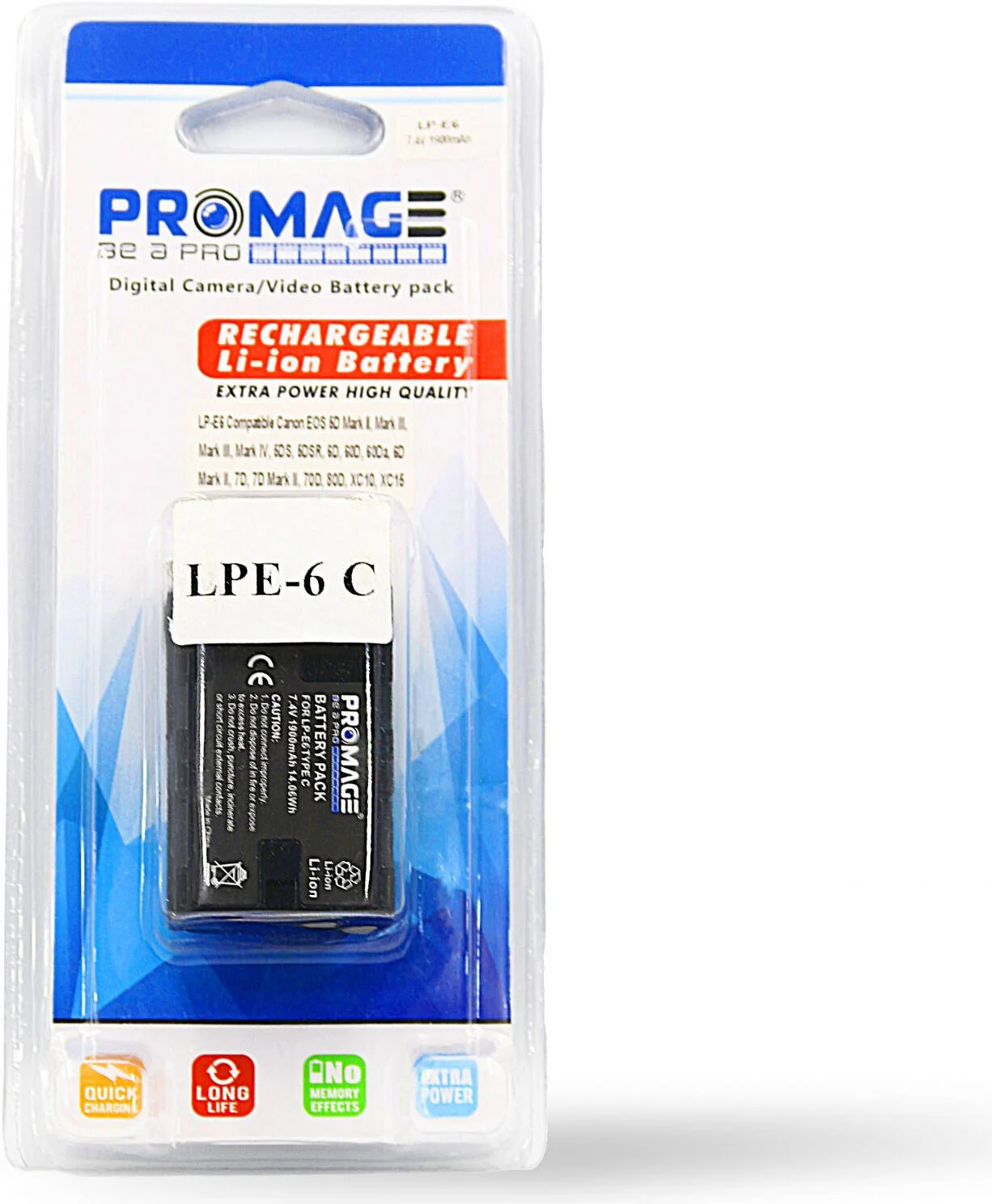 باتری پرومِیج مدل LP-E6 با ورودی تایپ C 5V 2A، باتری لیتیوم یونی قابل شارژ 1900mAh با ورودی USB-C 5V/2A سازگار با Canon EOS، سری R و گریپ باتری