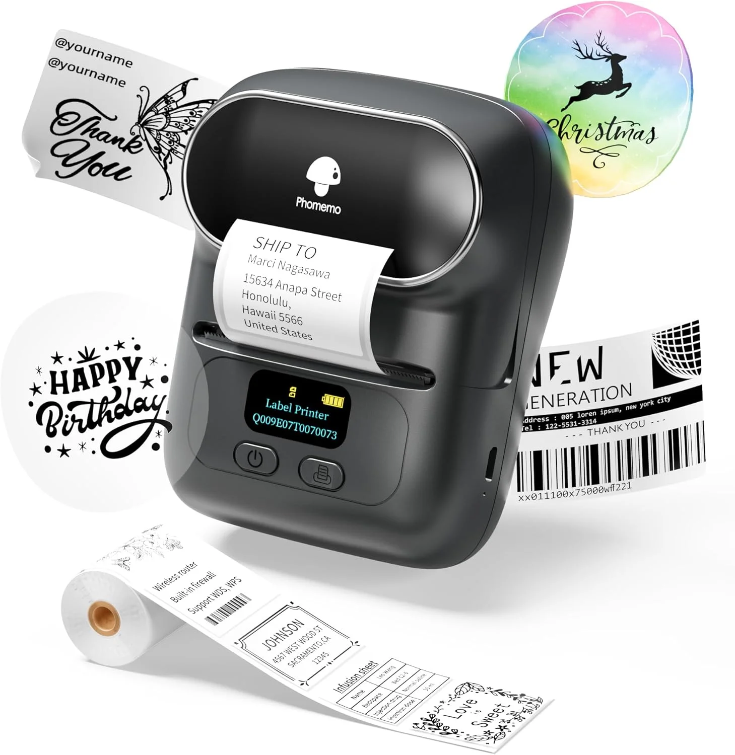 دستگاه چاپ لیبل فوممو M110، چاپگر حرارتی کوچک بدون جوهر با بلوتوث برای آدرس، ارسال پستی، برچسب پوشه فایل، قابل استفاده برای تلفن/تبلت/کامپیوتر/مک با 1 رول برچسب