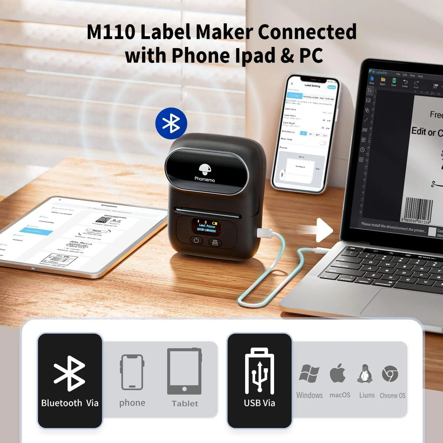 دستگاه چاپ لیبل فوممو M110، چاپگر حرارتی کوچک بدون جوهر با بلوتوث برای آدرس، ارسال پستی، برچسب پوشه فایل، قابل استفاده برای تلفن/تبلت/کامپیوتر/مک با 1 رول برچسب