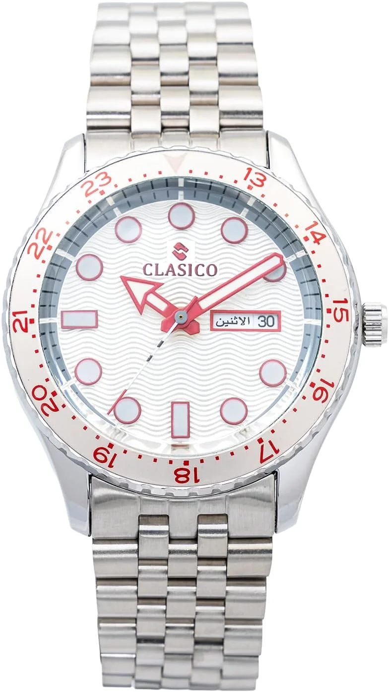 ساعت کوارتز CLASICO مدل Soda-Collection GMT – نسخه نقره‌ای و سفید | بند استیل ضد زنگ | موتور کوارتز Elite Y121 | طراحی اسپرت ضد آب