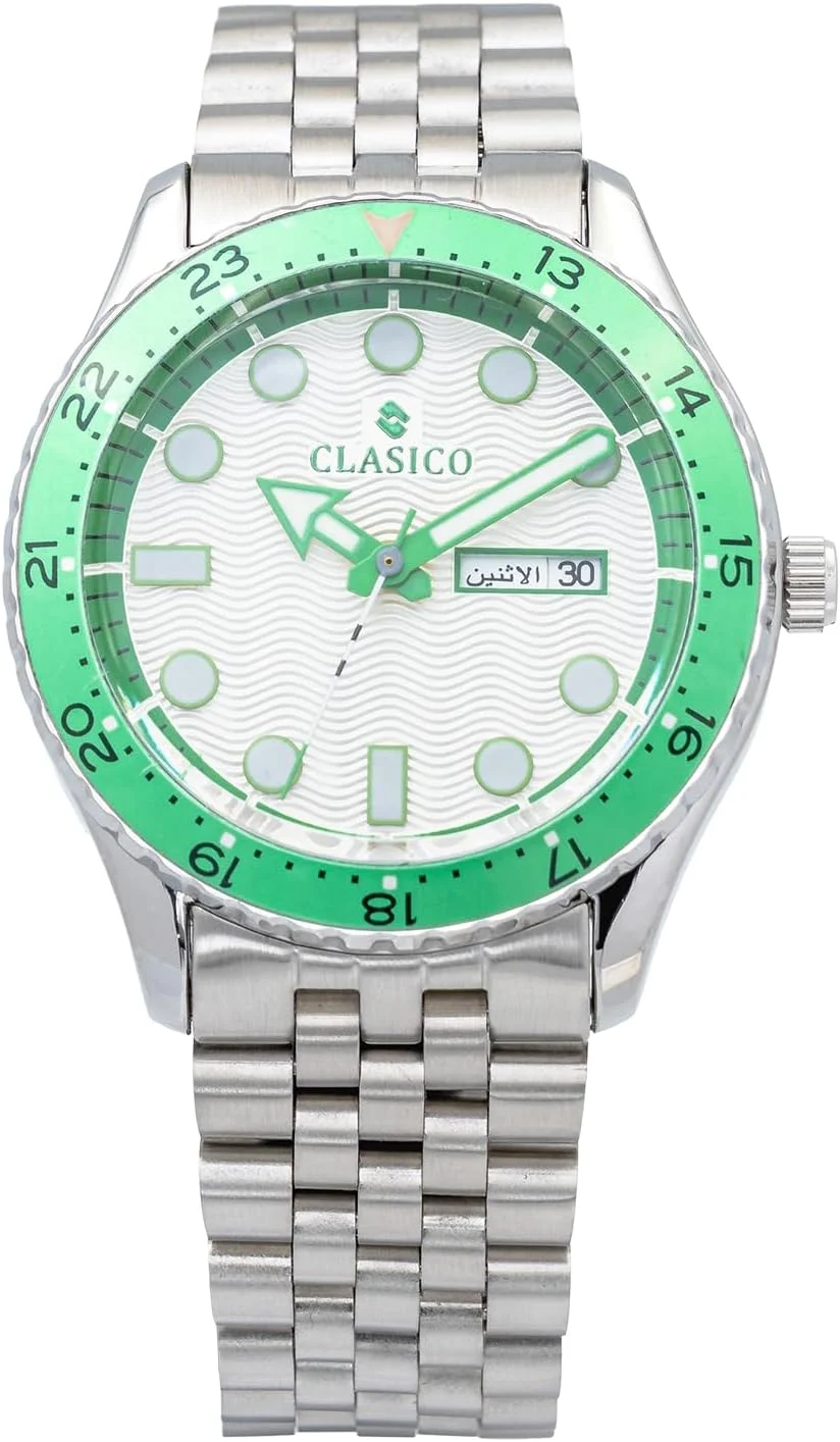 ساعت کوارتز CLASICO Soda-Collection GMT – نسخه سبز | بند استیل ضد زنگ | موتور کوارتز Elite Y121 | طراحی اسپرت ضد آب