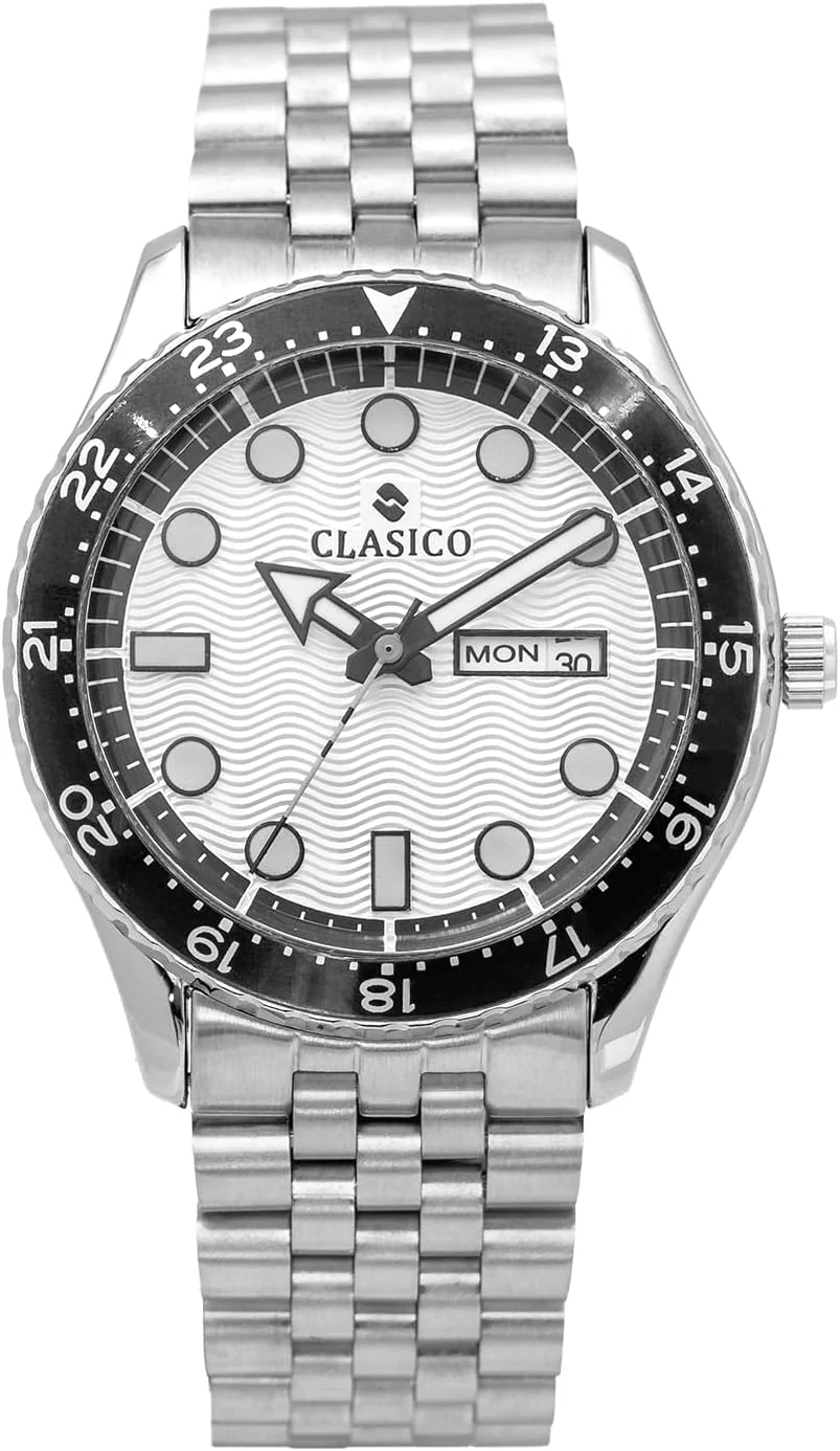 ساعت کوارتز CLASICO مدل Soda-Collection GMT – نسخه مشکی و نقره‌ای | بند استیل ضد زنگ | موتور کوارتز Elite Y121 | طراحی اسپرت ضد آب
