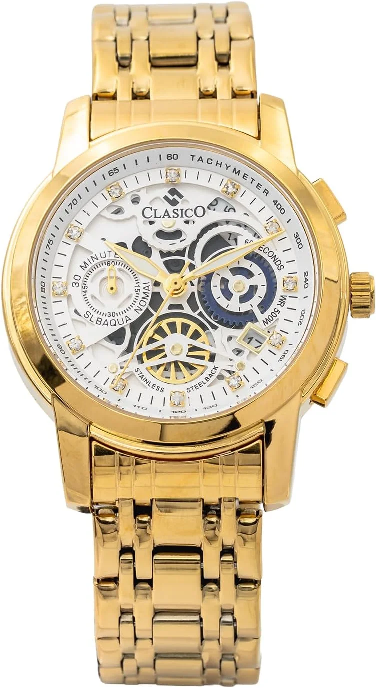 ساعت مچی مردانه کلاسیکو Mechx 6-Hands Chronograph Edition – سفید و طلایی – کرنوگراف با بند استیل نرم و ممتاز – طراحی ضد آب