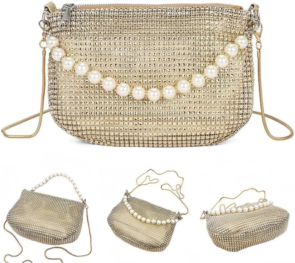 کیف طلایی نگین دار، کیف دوشی نگین دار، کیف کلاچ مجلسی براق زنانه با زنجیر مرواریدی، کیف کلاچ نگین دار برای مهمانی نامزدی عروسی جشن کوکتل ضیافت 22 * 16 * 5 سانتی متر