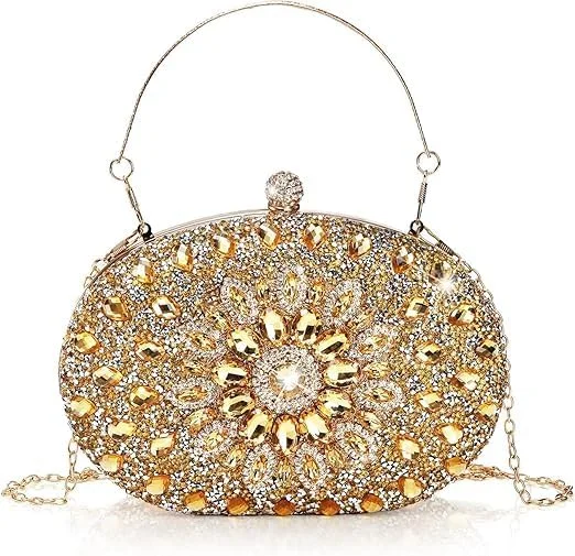 کیف کلاچ مجلسی نگین دار - کیف دستی طلایی درخشان با زنجیر جداشدنی، کیف عروسی الماس کریستالی برای زنان، مهمانی، جشن، شب قرار