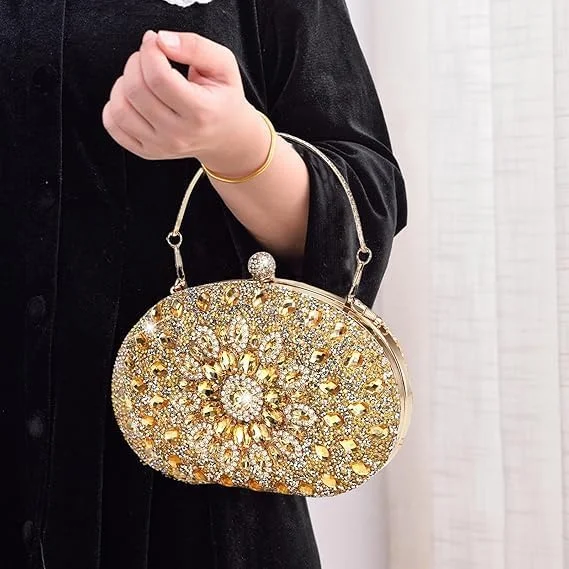 کیف کلاچ مجلسی نگین دار - کیف دستی طلایی درخشان با زنجیر جداشدنی، کیف عروسی الماس کریستالی برای زنان، مهمانی، جشن، شب قرار