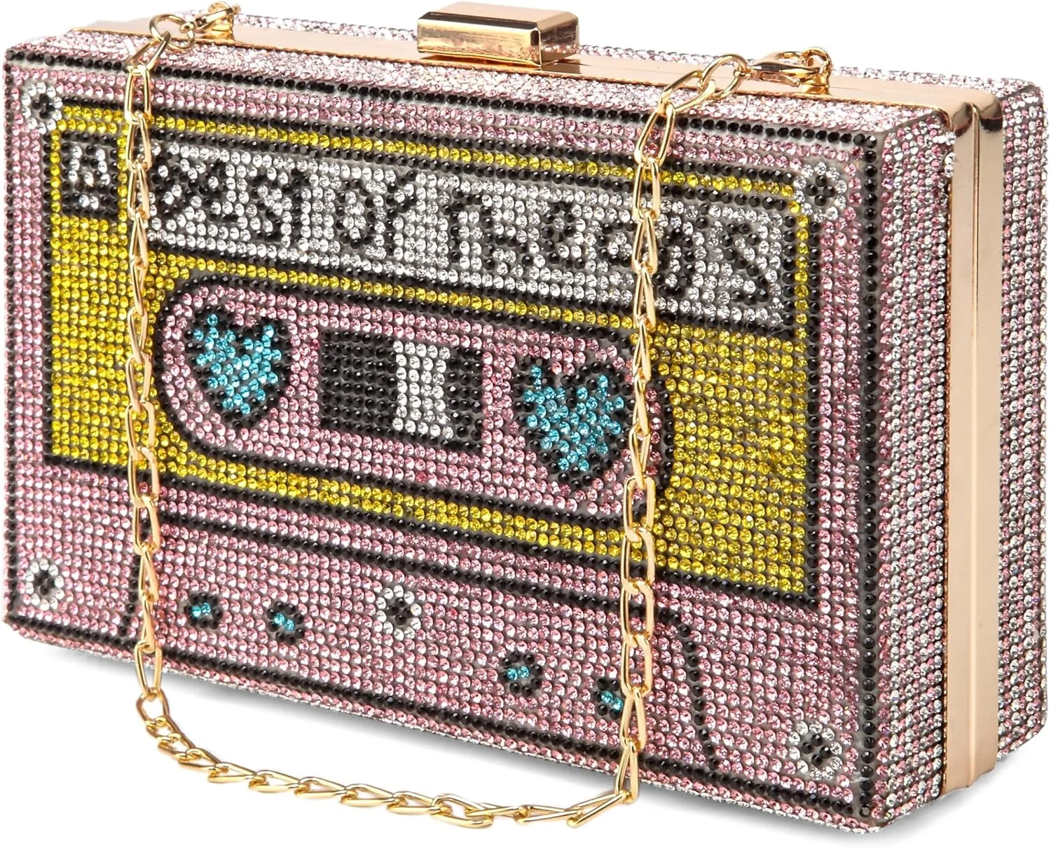 کیف دوشی زنانه طرح رادیو قدیمی با نگین و فلز، کیف دستی مجلسی