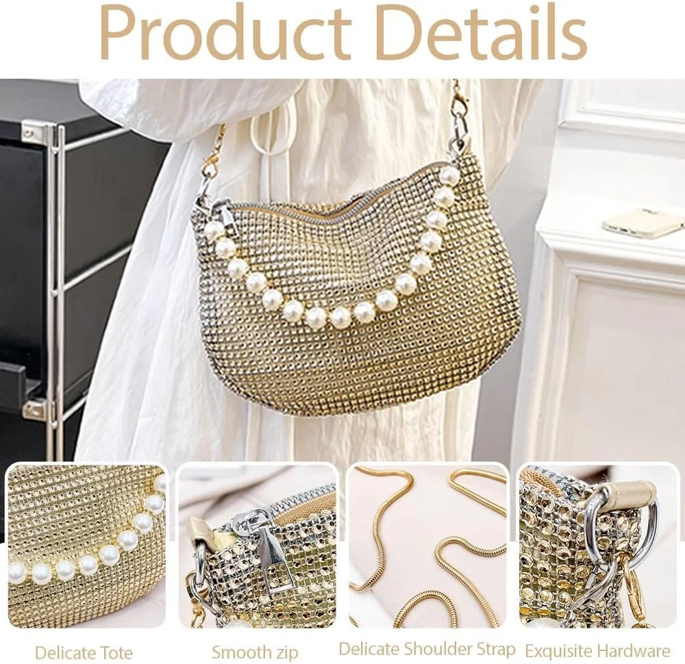 کیف طلایی نگین دار، کیف دوشی نگین دار، کیف کلاچ مجلسی براق زنانه با زنجیر مرواریدی، کیف کلاچ نگین دار برای مهمانی نامزدی عروسی جشن کوکتل ضیافت 22 * 16 * 5 سانتی متر کیف طلایی نگین دار، کیف دوشی نگین دار، کیف کلاچ مجلسی براق زنانه با زنجیر مرواریدی، کیف کلاچ نگین دار برای مهمانی نامزدی عروسی جشن کوکتل ضیافت 22 * 16 * 5 سانتی متر