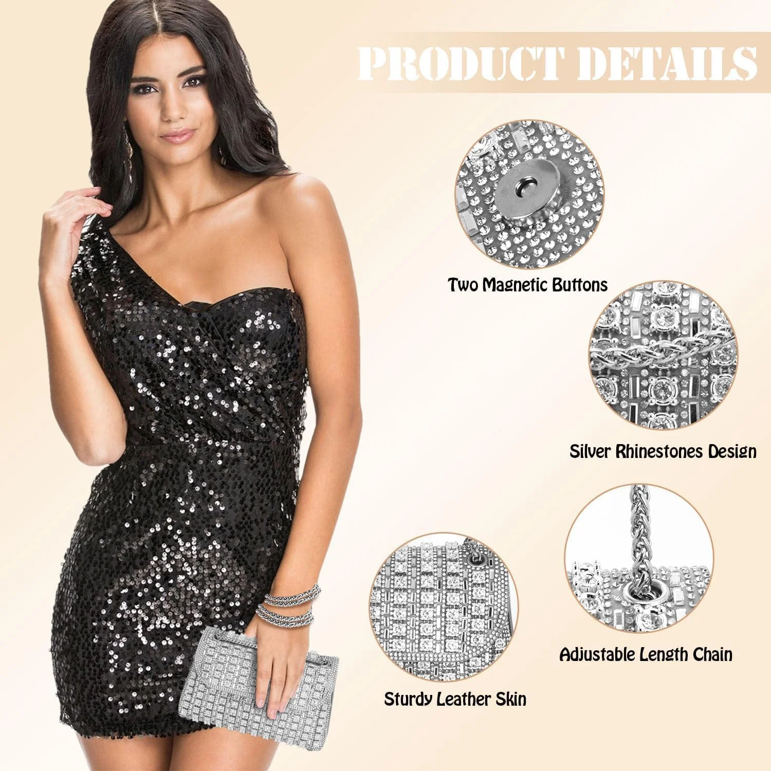 کیف دستی مجلسی زنانه نگین دار، کیف شب کریستالی شیک Azonee، کیف دستی رسمی مهمانی برای عروسی، ضیافت ها و مناسبت های خاص (نقره ای)