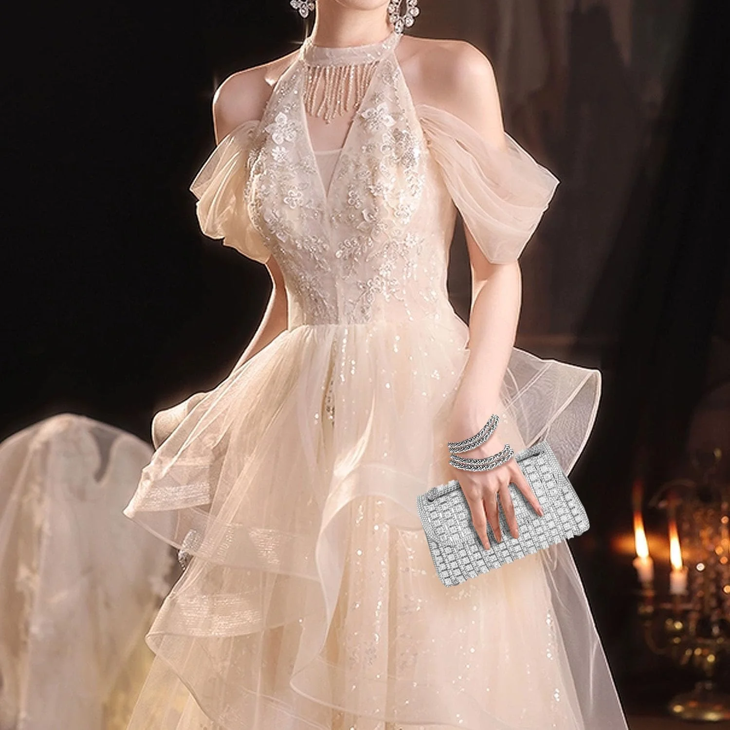 کیف دستی مجلسی زنانه نگین دار، کیف شب کریستالی شیک Azonee، کیف دستی رسمی مهمانی برای عروسی، ضیافت ها و مناسبت های خاص (نقره ای)