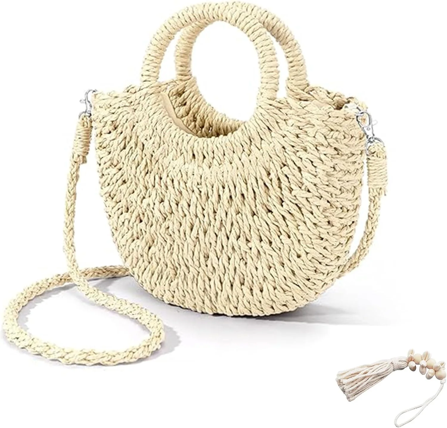 کیف دستی حصیری زنانه پاپوریچ، کیف دوشی حصیری، کیف ساحلی حصیری بافت، کیف دستی برای تابستان (رنگ کرم)