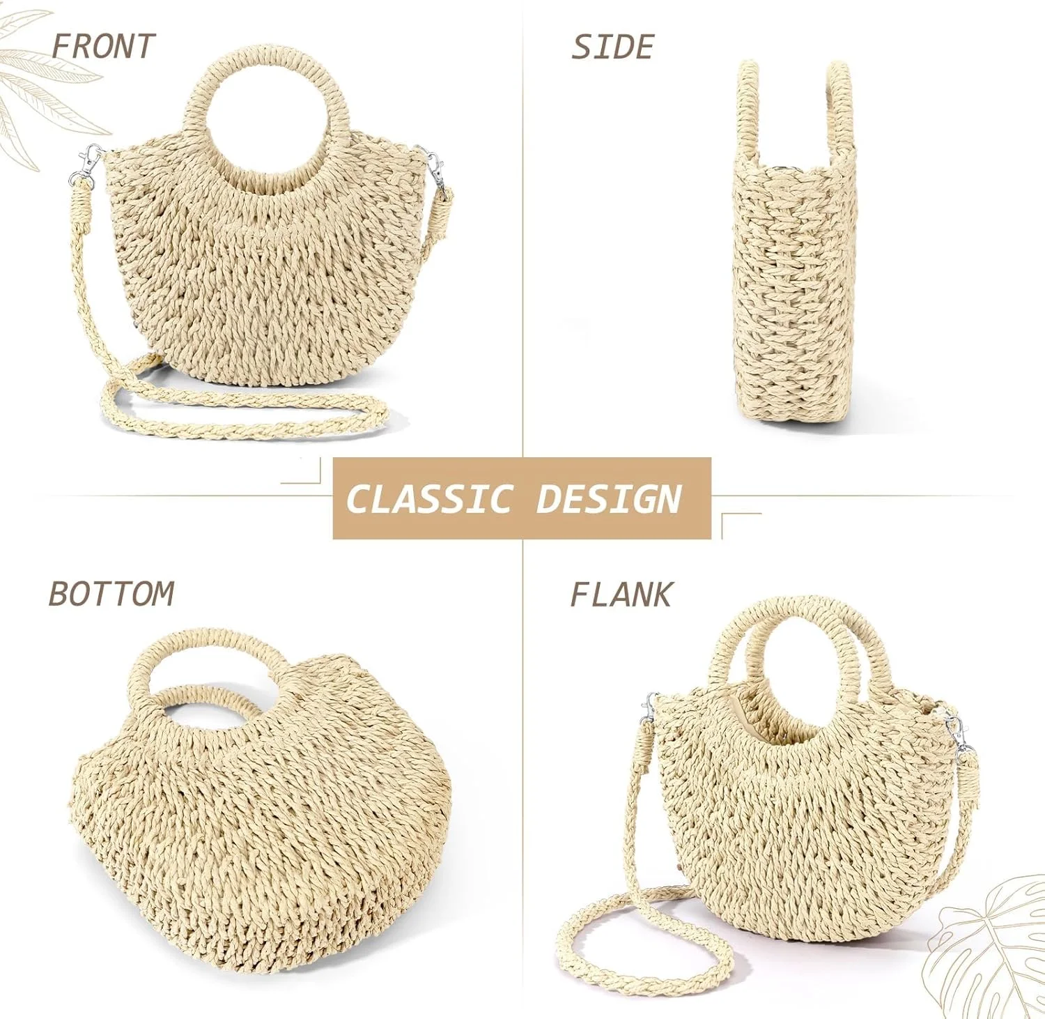 کیف دستی حصیری زنانه پاپوریچ، کیف دوشی حصیری، کیف ساحلی حصیری بافت، کیف دستی برای تابستان (رنگ کرم)