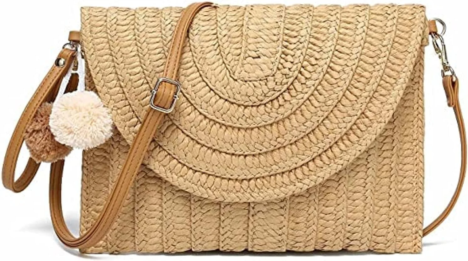 کیف حصیری زنانه، کیف کلاچ حصیری بافت دستی منگوله دار، کیف دوشی حصیری تابستانی پاکتی ساحلی