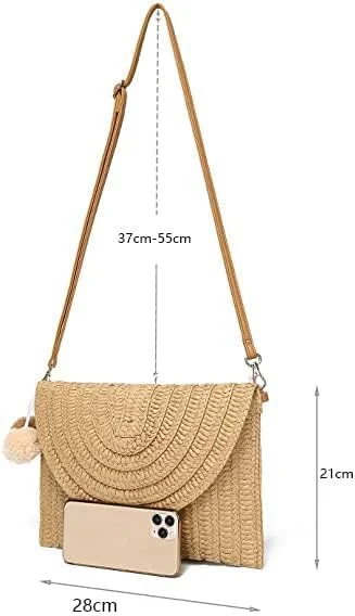 کیف حصیری زنانه، کیف کلاچ حصیری بافت دستی منگوله دار، کیف دوشی حصیری تابستانی پاکتی ساحلی