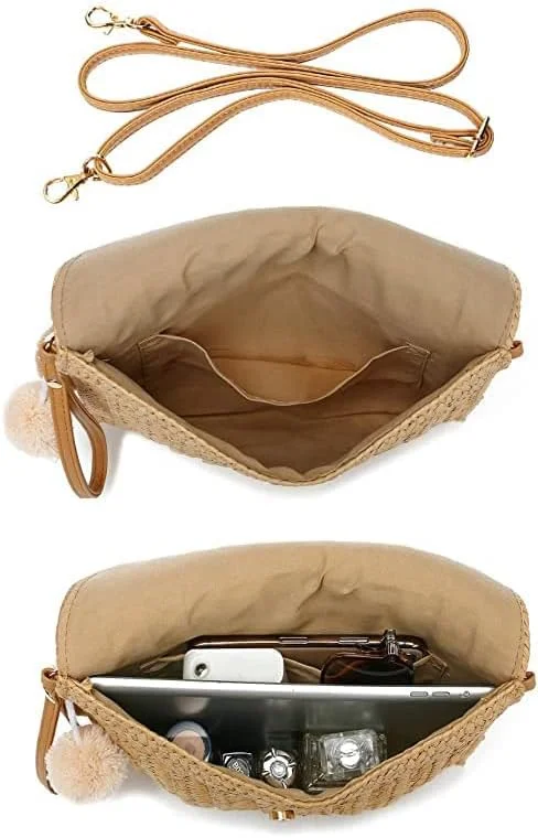 کیف حصیری زنانه، کیف کلاچ حصیری بافت دستی منگوله دار، کیف دوشی حصیری تابستانی پاکتی ساحلی