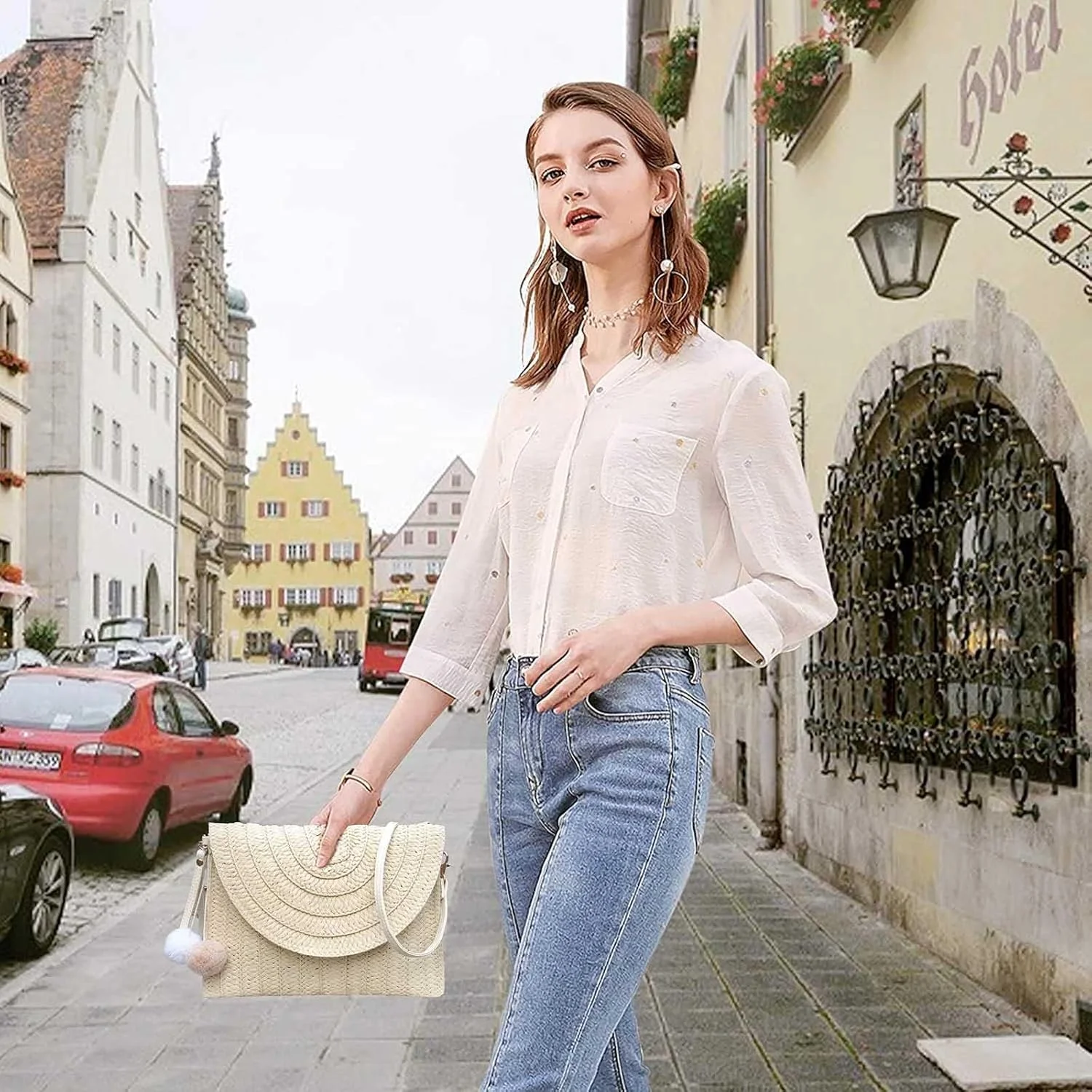 کیف حصیری زنانه، کیف کلاچ حصیری زنانه NAWOKEENY، کیف دستی ساحلی تابستانی، کیف کراس بادی حصیری با بند قابل تنظیم، کیف حصیری دست ساز طبیعی با قابلیت ست شدن آسان با لباس