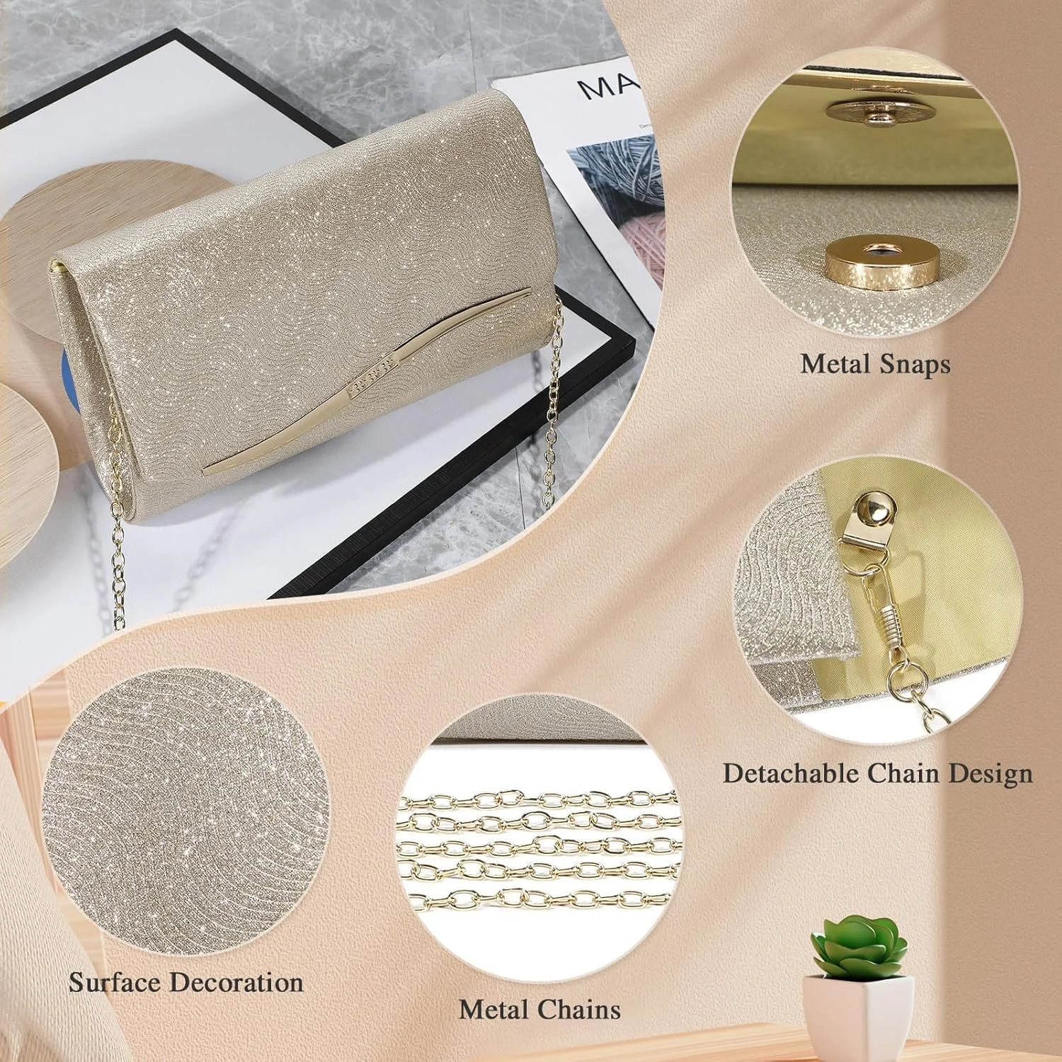 کیف دستی مجلسی زنانه NALACAL با زنجیر جداشدنی، کیف مجلسی طلایی شامپاین، کیف دستی براق مناسب لباس رسمی برای عروسی، مهمانی و جشن