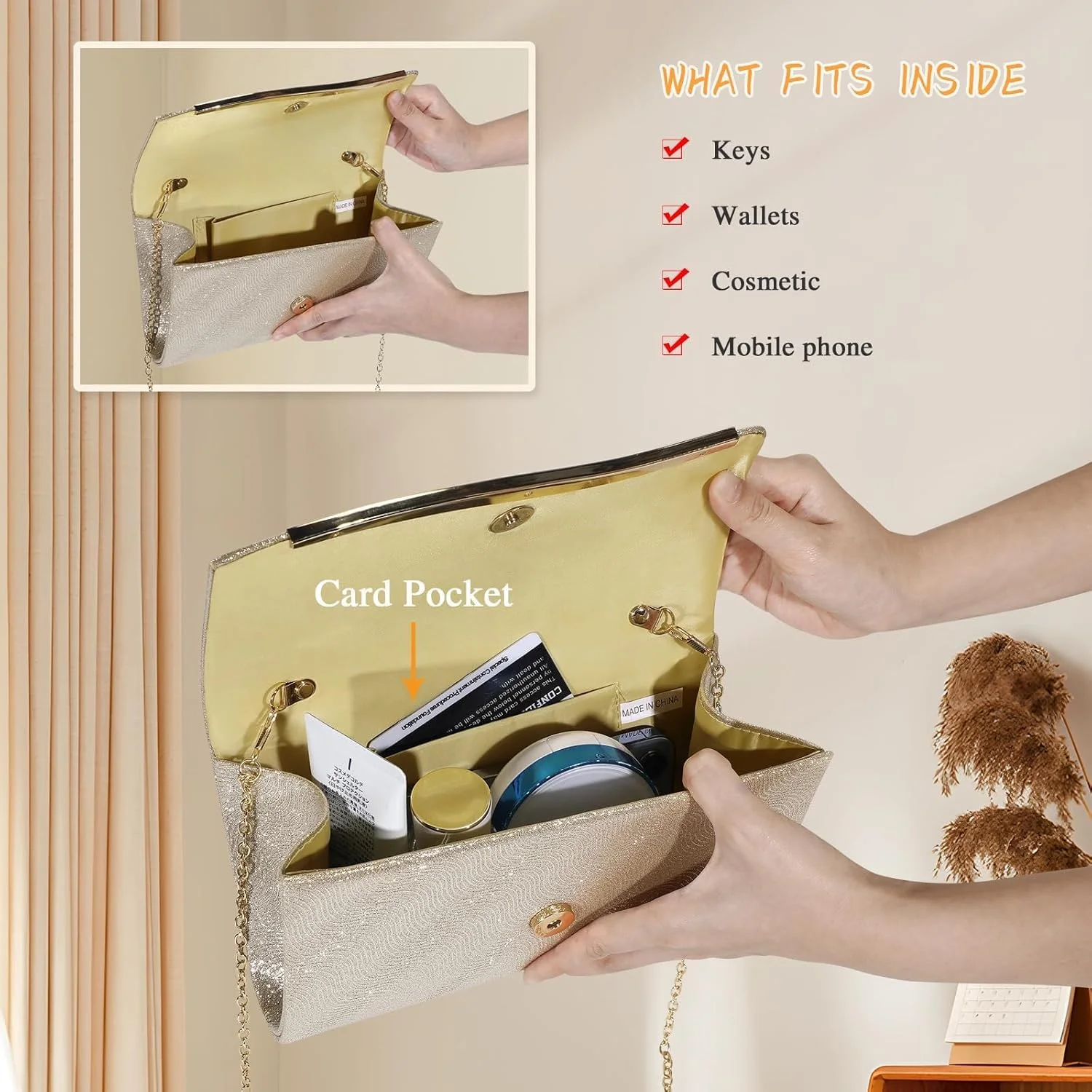 کیف دستی مجلسی زنانه NALACAL با زنجیر جداشدنی، کیف مجلسی طلایی شامپاین، کیف دستی براق مناسب لباس رسمی برای عروسی، مهمانی و جشن