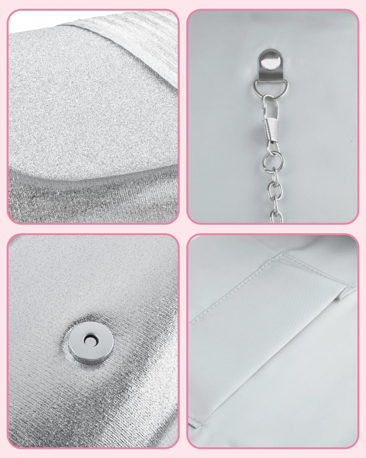 کیف دستی کلاچ زنانه نالاکال، کیف مجلسی زنجیردار، کیف های کلاچ درخشان مهمانی رسمی، کیف دستی پاکتی شانه ای درخشان نقره ای