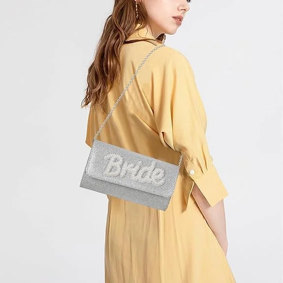 کیف دستی عروس نگین دار NALACAL، کیف لوازم آرایش مسافرتی، کیف بزرگ لوازم آرایش با حروف، کیف دستی قابل حمل زنانه برای هدیه جشن نامزدی و مهمانی مجردی (نقره ای)