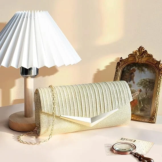 کیف دستی کلاچ زنانه NALACAL، کیف مجلسی پاکتی پولک‌دار و پلیسه‌دار براق با زنجیر، کیف دستی رسمی مهمانی و جشن زنانه