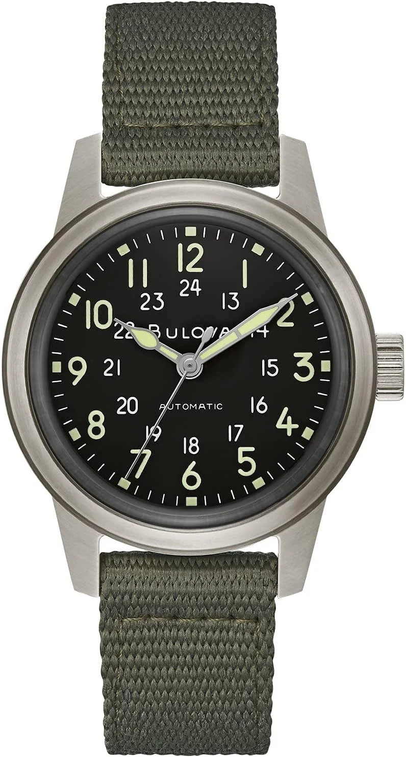ساعت مردانه بولووا مدل Military Heritage Hack Veteran's Watchmaking Initiative از جنس استیل ضد زنگ با موتور اتوماتیک سه عقربه و بند چرمی ناتو مشکی مدل: 96A259