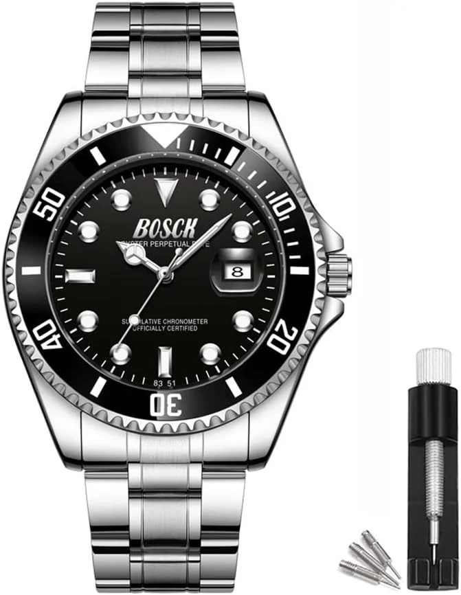 ساعت مردانه BOSCK، ساعت آنالوگ مردانه با صفحه بزرگ 44 میلی‌متری، خوانا، استیل ضد زنگ، ساعت تجاری، ساعت مچی مردانه لوکس کلاسیک شب‌تاب ضد آب 30 متری