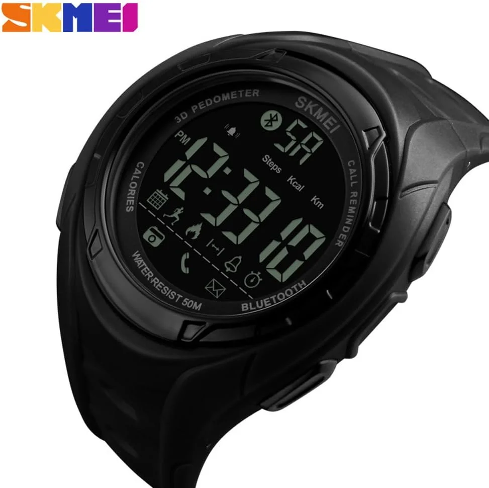 ساعت هوشمند بلوتوثی اسکمی مردانه، ساعت مچی دیجیتال ضدآب با گام شمار و کالری شمار مناسب ورزش و مد برای اندروید و آی او اس اپل (مشکی)