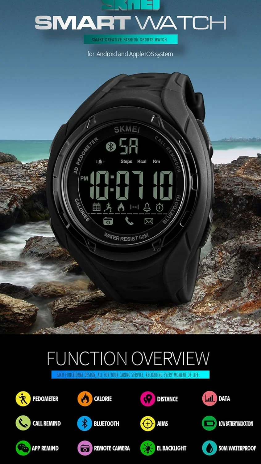 ساعت هوشمند بلوتوثی اسکمی مردانه، ساعت مچی دیجیتال ضدآب با گام شمار و کالری شمار مناسب ورزش و مد برای اندروید و آی او اس اپل (مشکی)