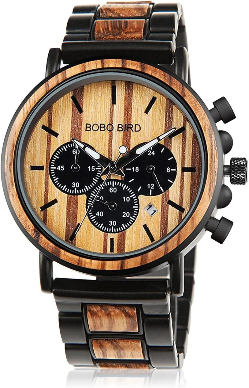 ساعت مچی چوبی مردانه BOBO BIRD، شیک، ترکیبی از چوب و استیل ضد زنگ، کرنوگراف، کوارتز، غیر رسمی