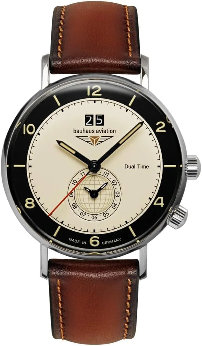 ساعت مردانه Bauhaus Aviation Ronda 2446-2 با بند چرمی کوارتز، دو منطقه زمانی، تاریخ و بند