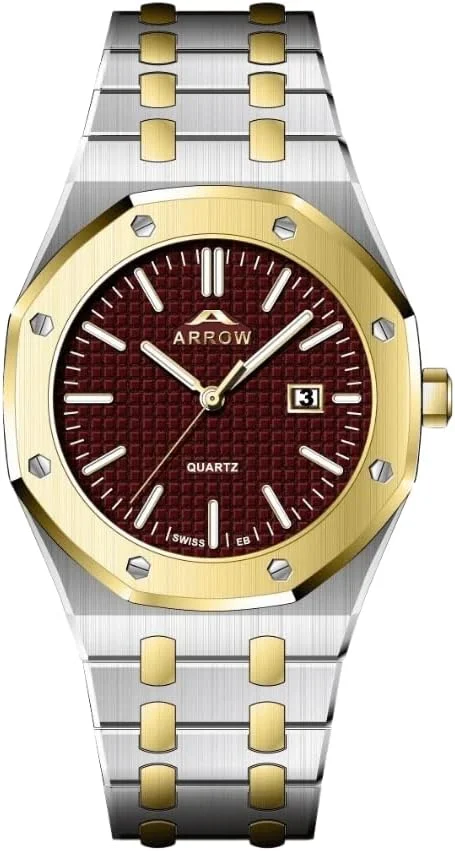 ساعت مردانه اَرو (مدل 5907) – ساعت لوکس | نمایشگر آنالوگ با عملکرد تاریخ | بند استیل ضد زنگ | با تنوع رنگ قاب - سایز 42 میلی متر - زرشکی-طلایی-نقره ای دو رنگ