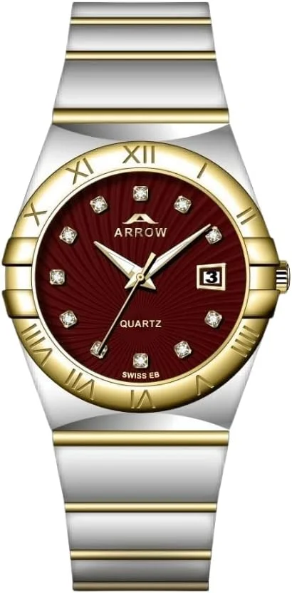 ساعت مچی مردانه عقربه ای اَرو (مدل 5908) با صفحه نمایش آنالوگ و تقویم | بند استیل ضد زنگ | با رنگ های متنوع بدنه - سایز 36 میلی متر - زرشکی-طلایی-نقره ای