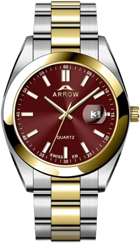 ساعت مچی مردانه عقربه ای (مدل 5903) با صفحه نمایش آنالوگ و عملکرد نمایش تاریخ | بند استیل ضد زنگ | قاب با رنگ های متنوع - سایز 40 میلی متر - زرشکی-طلایی