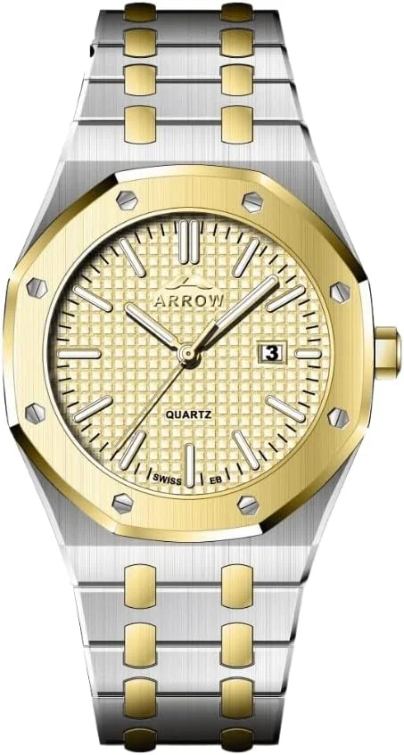 ساعت مردانه آرو (5907) - ساعت لوکس | نمایشگر آنالوگ با عملکرد تاریخ | بند استیل ضد زنگ | با تغییرات رنگی اندازه قاب - 42 میلی متر طلایی-نقره ای