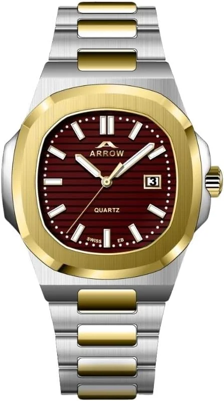 ساعت مردانه ARROW (5904) - ساعت لوکس | نمایشگر آنالوگ با عملکرد تاریخ | بند استیل ضد زنگ | با تنوع رنگی اندازه قاب - 43 میلی متر زرشکی-طلایی-نقره ای