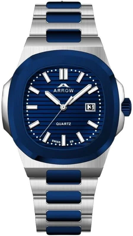 ساعت مردانه آرو (5904) - ساعت لوکس | نمایشگر آنالوگ با عملکرد تاریخ | بند استیل ضد زنگ | با تنوع رنگی اندازه قاب - 43 میلی متر آبی-نقره ای