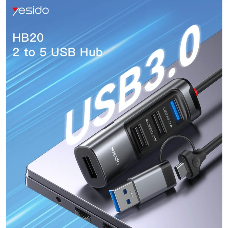هاب 5 پورت USB/TYPE-C یسیدو YESIDO مدل HB20، پنج درگاه در یک هاب