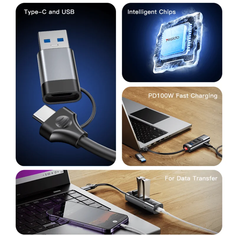 هاب 5 پورت USB/TYPE-C یسیدو YESIDO مدل HB20، پنج درگاه در یک هاب