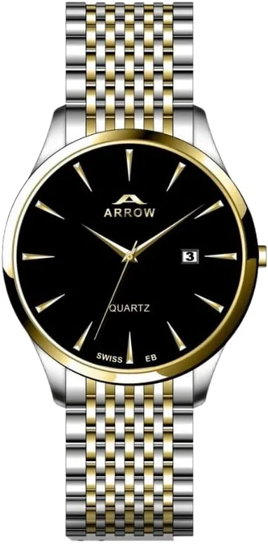 ساعت آنالوگ مردانه Arrow (5901) با عملکرد نمایش تاریخ | بند استیل ضد زنگ | با تنوع رنگی قاب، سایز 40 میلی متر مشکی-طلایی-نقره ای TT