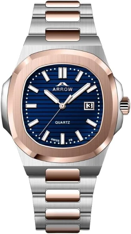 ساعت مچی مردانه آرو (5904) - ساعت لوکس | نمایشگر آنالوگ با عملکرد نمایش تاریخ | بند استیل ضد زنگ | با تنوع رنگی اندازه قاب - 43 میلی متر آبی-رزگلد-نقره ای دو رنگ