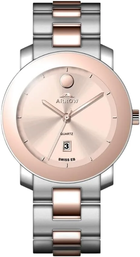 ساعت مچی مردانه آرو (5905) - ساعت لوکس | نمایشگر آنالوگ با تاریخ | بند برنجی | با تنوع رنگی قاب - سایز 43 میلی متر رزگلد-نقره ای دو رنگ