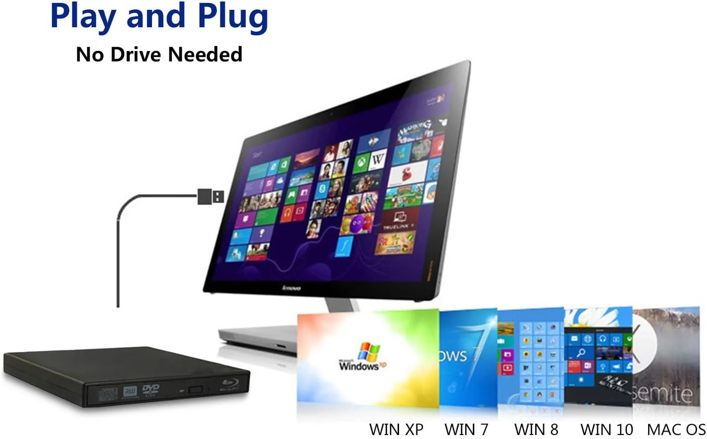 درایو اکسترنال Blu-ray DVD CD با USB 2.0، پخش کننده Blu-Ray سه بعدی، رایتر قابل حمل CD/DVD-ROM BD-ROM برای کامپیوتر، دسکتاپ و لپ تاپ