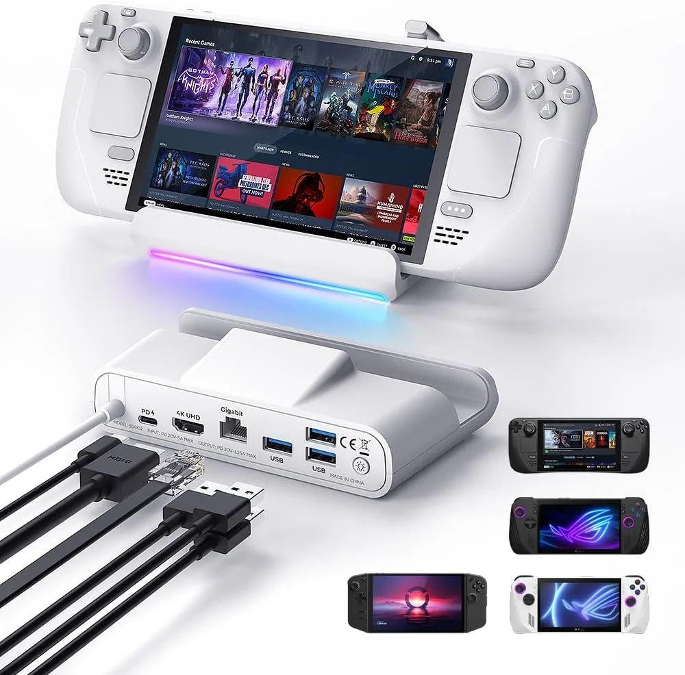 ایستگاه داکینگ گیمینگ قابل حمل RGB برای استیم دک OLED، راگ الای X، لژیون گو - HDMI 4K@60HZ، هاب USB-C با آداپتور چند پورت برای بازی و کار