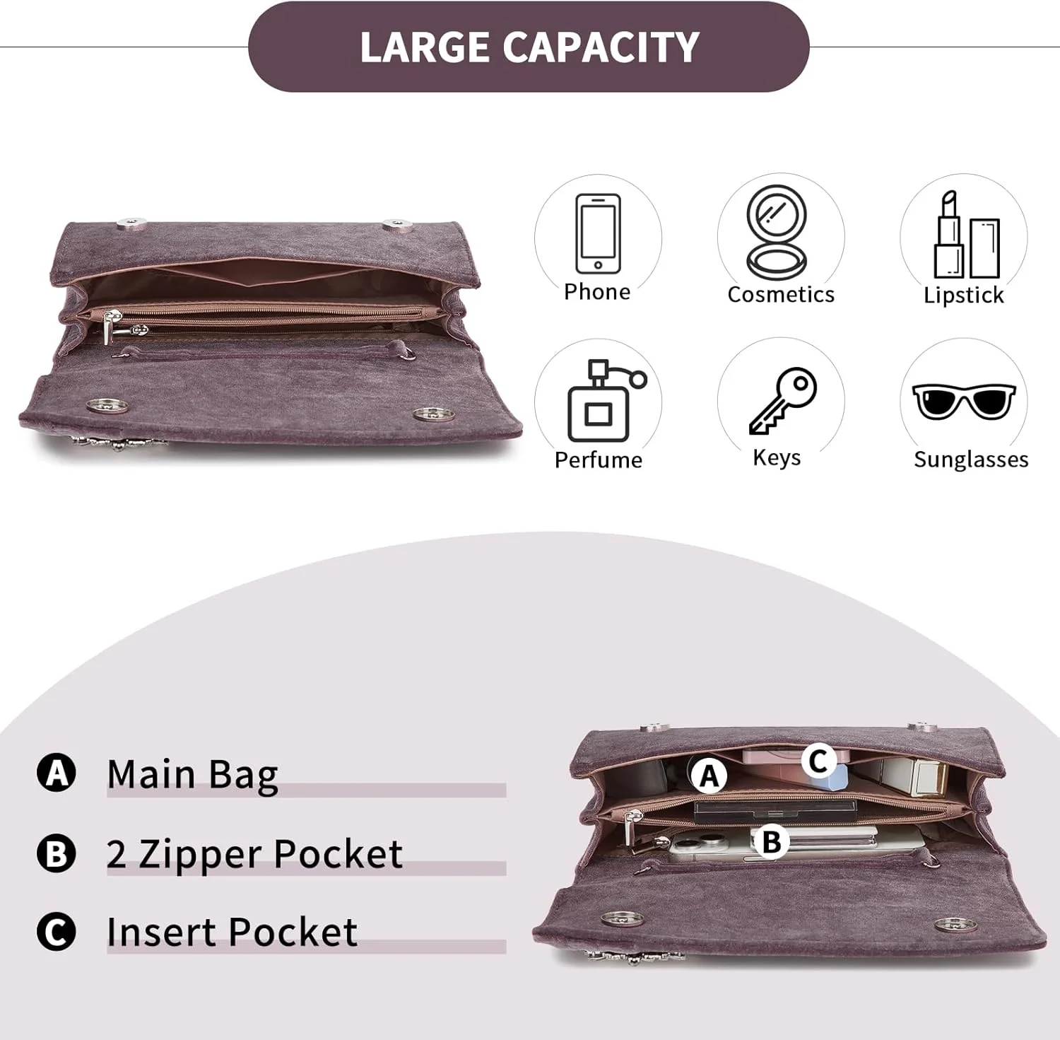 کیف دستی مجلسی زنانه Miss Lulu از جنس مخمل، کیف شب شیک، با کیف دستی نگین دار، کیف عروس، کیف مجلسی با زنجیر برای عروسی، مهمانی ها و ضیافت ها