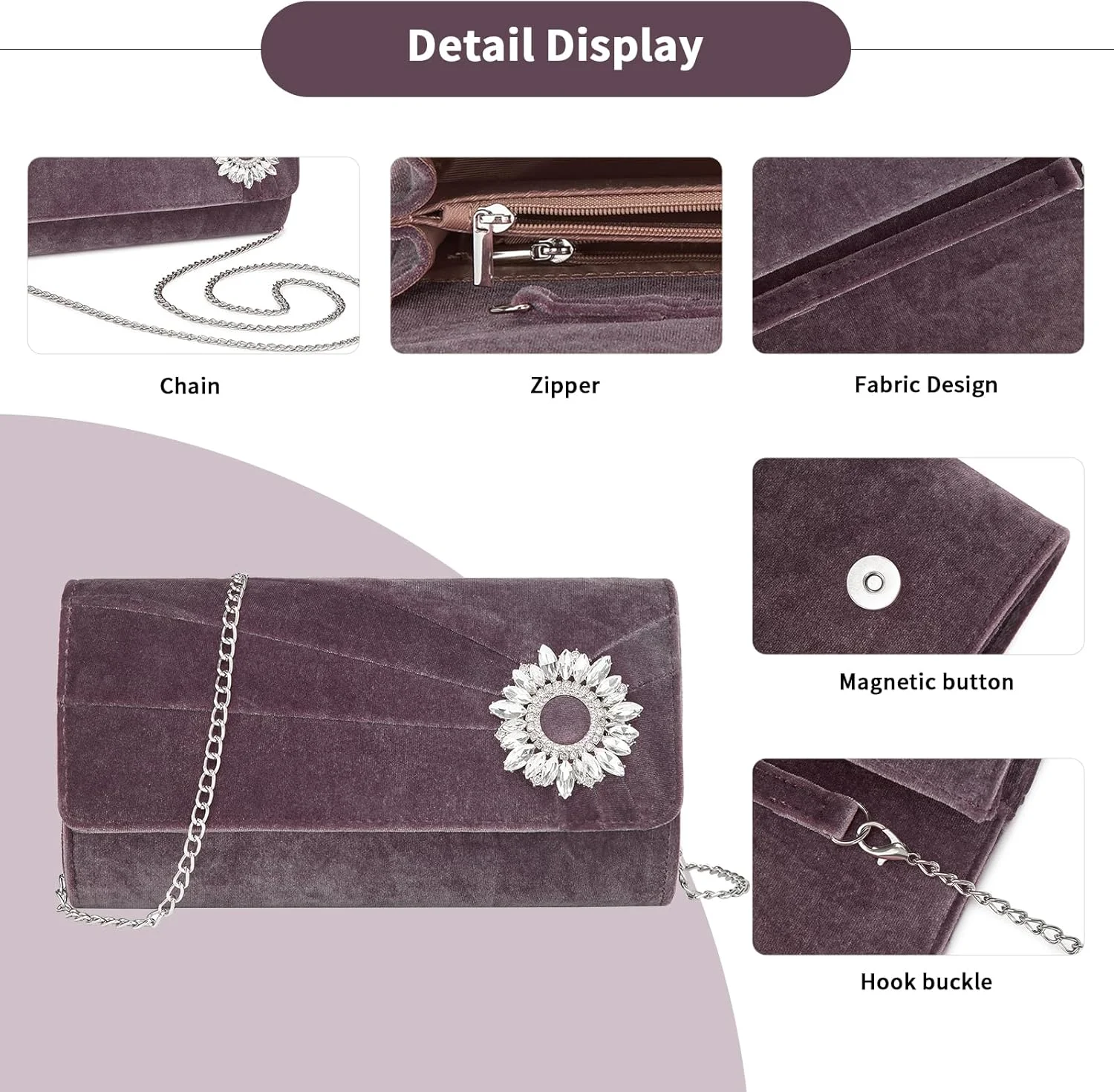 کیف دستی مجلسی زنانه Miss Lulu از جنس مخمل، کیف شب شیک، با کیف دستی نگین دار، کیف عروس، کیف مجلسی با زنجیر برای عروسی، مهمانی ها و ضیافت ها