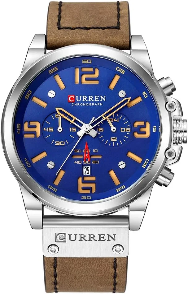 بسته دو عددی ساعت مچی مردانه کورن مدل 8314، ساعت مچی کوارتز با نمایشگر تقویم، ساعت، دقیقه و بند چرمی